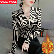 糜嵐（MieLanat）v領(lǐng)豹紋長袖t恤女春秋冬時(shí)尚加厚上衣打底修身保暖內(nèi)搭衫 豹紋-德絨款 XL(110-125)