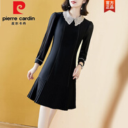 皮爾卡丹（pierre cardin）高端連衣裙奢華大牌初春氣質(zhì)名媛顯瘦減齡長袖2025新款遮肚子春裙 黑色 XL