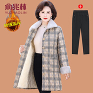 俞兆林（YUZHAOLIN）媽媽冬裝格子棉衣外套中長款棉襖中老年女裝洋氣加絨加厚棉服 329-米色格 + 黑色加絨褲 2XL (參考105-120斤)