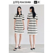 太平鳥女裝連衣裙條紋撞色POLO女夏A字短袖翻領(lǐng)短款裙子 米色 L