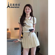 艾美琦美（AIMEIQIMEI）小個子新品連衣裙子夏天女裝2024甜美風(fēng)撞色polo領(lǐng)短袖百褶裙套裝 套裝 M