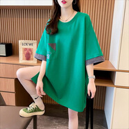 未萱搭配鯊魚(yú)褲的遮臀上衣中長(cháng)款薄款短袖t恤女寬松遮屁大碼女裝中長(cháng) 綠色 L115-135斤 均碼