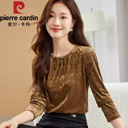 皮爾卡丹（pierre cardin）金絲絨打底衫女圓領(lǐng)鏈條裝飾長(cháng)袖上衣2025秋冬新款OL通勤洋氣小衫 咖色 M 90-105