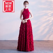 愛(ài)夸貓（AIKUAMAO）成人禮服女18嵗禮服高級感晚禮服裙新款2023韓版長(cháng)款學(xué)生宴會(huì )聚會(huì ) 酒紅掛脖長(cháng)款 S