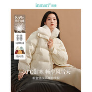 茵曼休閑立體肌理輕薄羽絨服冬女裝保暖短外套大衣上衣 米白色 L 