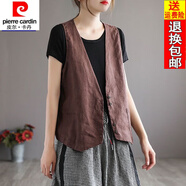 皮爾卡丹23年新款輕奢高品質(zhì)女裝亞麻無(wú)袖上衣小外套棉麻背心馬甲 咖啡色 M【建議95-110斤】