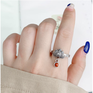 歐陽(yáng)先生925銀琺瑯彩紅如意鎖戒指手工鏤空花絲工藝復古民族風(fēng)戒指銀飾 925銀紅蓮花流蘇戒指戒指 開(kāi)口可調節