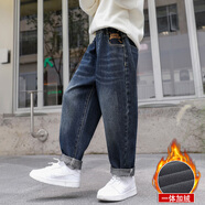 溜溜蛙童裝男童褲子秋冬牛仔褲春秋中大童棉褲男孩加絨兒童褲一體絨加厚 繡字母加絨牛仔褲 120