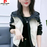 皮爾卡丹秋冬新款撞色拼接沖鋒衣外套女短款小個(gè)子連帽女裝上衣時(shí)尚潮 黑色薄款 XL【建議110-125斤】