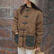 亂在江南民族風(fēng)復(fù)古棉麻中式外套女冬季新款?yuàn)A棉保暖寬松撞色上衣 焦糖色 均碼