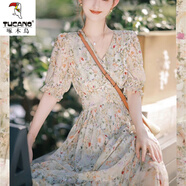 啄木鳥2025新款女士冰絲連衣裙茶歇法式碎花夏氣質溫柔風V領收腰絕美仙 花色 M 建議【90-100斤左右】
