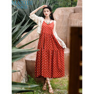 瑪希迪2024夏新款海邊度假連衣裙復古碎花吊帶裙旅游文藝中長(cháng)裙搭外套 吊帶裙+外套 S