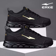鴻星爾克（ERKE）男鞋運動鞋秋冬季新款革面防水學生輕便減震耐磨黑色慢跑鞋子男 正黑/金箔色 44