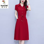 啄木鳥(niǎo)高端襯衫式連衣裙女2025夏季中年洋氣裙子顯瘦遮肚氣質(zhì)中長(cháng)裙 【紅色】遮肉顯瘦 4XL 建議145-160斤