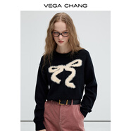 VEGA CHANG毛衣女2025秋冬新款慵懶仿貂毛蝴蝶結(jié)圓領(lǐng)套頭毛針織衫 簡約黑 L