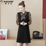 啄木鳥(niǎo)（TUCANO）2025年春季新款胖m妹裙子女寬松大尺碼雪紡長(cháng)袖拼接假兩件連衣裙 豹紋 3XL 建議145-160
