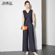 海青藍(lán)牛仔兩件套女2025年新款夏季高端無袖背心馬甲套裝直筒褲 深藍(lán)色 XL