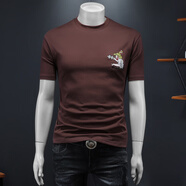 閃爆高端刺繡短袖t恤男士休閑印花潮流夏裝上衣闊版寬松透氣半截袖T恤 3031咖啡色 L