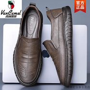 西域駱駝（VANCAMEL）2024新款秋季男鞋真皮休閑鞋牛筋軟底防滑中年爸爸皮鞋男款一腳蹬 卡其色四季款T807-駱駝官方品牌 42