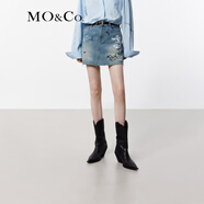 MO&Co.牛仔短裙夏航海趣味個(gè)性涂鴉洗磨剪邊高腰手工袋邊破洞摩安珂 牛仔藍色 S 160
