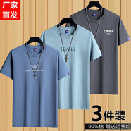 霧卡【純棉3件裝】短袖T恤男純棉圓領(lǐng)印花打底青年半袖男裝夏季體恤衫 3件：小CH鐵灰+TAL霧藍(lán)+倒W湖藍(lán) L /115-130斤