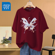 真維斯（JEANSWEST）時(shí)尚短袖t恤女學(xué)生可愛甜美學(xué)院女裝ins風(fēng)夏季新款純棉寬松上衣服 酒紅 淡彩蝴蝶 2XL