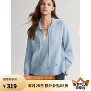 ELLE法式設(shè)計感系帶純棉毛衣女2024秋季新款文藝休閑簡約毛針織衫 淺藍 S