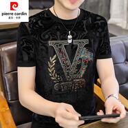 皮爾卡丹歐洲站短袖男歐貨鏤空冰絲植絨燙鉆高端上衣 223912黑色 M 100-120斤