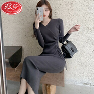 浪莎（LangSha）秋冬配大衣的過(guò)膝長(cháng)款V領(lǐng)針織包臀連衣裙打底內搭皮草修身毛衣裙 灰色 M
