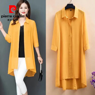 皮爾卡丹（pierre cardin）中長款雪紡襯衫外搭防曬衣空調(diào)衫七分袖雪紡開衫夏季新款大碼女裝 黃色 3XL 140-155斤