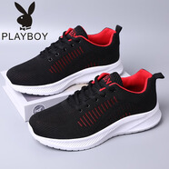 花花公子（PLAYBOY）夏季男鞋2024新款飛織透氣網(wǎng)面男士輕便跑步運動(dòng)休閑黑色老爹潮鞋 黑紅 39 標準運動(dòng)鞋碼