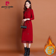 皮爾卡丹（pierre cardin）配大I衣的內(nèi)搭針織連衣裙女秋冬新款中長(zhǎng)款過(guò)膝蕾絲打底加絨毛衣 紅色加絨加厚 M 建議90-100斤