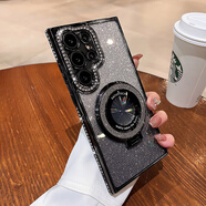 三星（SAMSUNG）【品質原裝】適用三星s24ultra手機殼水鉆磁吸支架新款感外殼鏡頭 【鈦黑色+閃粉卡】磁吸隱形支架_點鉆硅膠軟殼 三星 S24+