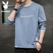 花花公子（PLAYBOY）純棉長(cháng)袖T恤男士裝春秋薄款假兩件情侶衛衣學(xué)生寬松上衣服打底衫 42霧霾藍 4XL