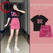 XLYMDG包臀裙不規則粉色牛仔半身裙包臀裙小個(gè)子高腰顯瘦不規則A字短裙 黑色套裝 S