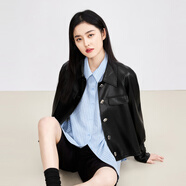 秋水伊人法式甜酷皮衣外套女新款a字寬松百搭小眾外套上衣潮 黑色 L