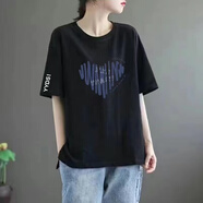 清倉撿尾單大牌剪標專柜撤回時尚潮流短袖中長款印花t恤女 98黑色【條紋愛心】白袖 XL 建議120-140斤