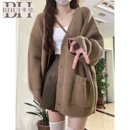 半繪新款2025慵懶風(fēng)V領(lǐng)單排扣毛衣女開衫外套春秋款韓版寬松針織上衣 咖色 S 8095斤