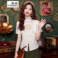 熒蒂（YINGDI）新中式國風(fēng)短袖襯衫女裝2025夏季新款繡花襯衣搭配馬面裙的上衣 杏色 S