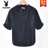 花花公子（PLAYBOY）純亞麻短袖t恤男夏季中國風(fēng)寬松薄款V領(lǐng)上衣復(fù)古休閑半袖麻料體恤 黑色高質(zhì)量 M