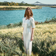 VOA真絲28姆米扇形花羅斜切領(lǐng)五分袖下擺開(kāi)叉優(yōu)雅氣質(zhì)旗袍裙 AE2629 銀杏初白（W03） L