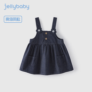 JELLYBABY女童連衣裙秋季嬰幼童牛仔裙花朵造型A字背帶裙時尚寶寶公主裙子 牛仔藍 110 CM