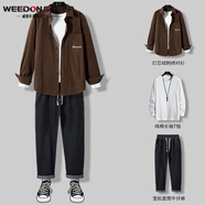 威登羊衣服男日系燈芯絨外套男士春秋冬季痞帥男裝一套搭配成熟夾克三件套衣服男裝聯(lián)名 三件套【棕色燈芯絨外套+白長T+711牛仔褲 XL