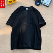 梵洛幽300g重磅鋼印字母短袖t恤男美式復(fù)古潮牌潮流純棉夏季情侶半截袖 黑色 5XL