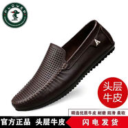 PLOVER春季新款百搭男鞋透氣休閑皮鞋軟皮軟底豆豆鞋套腳懶人鞋子 棕色鏤空 38