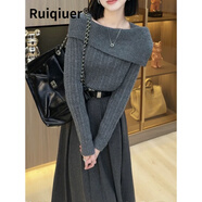 RUIQIUER針織連衣裙女秋冬季新款女裝一字肩毛衣氣質(zhì)顯瘦高腰半身裙子套裝 灰色毛衣+灰色半身裙 XL