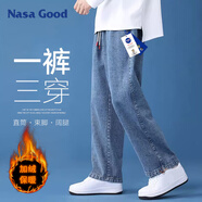 NASA GOOD加絨牛仔褲秋冬季男舒適寬松直筒男褲港風(fēng)休閑長(cháng)褲子男 深藍M
