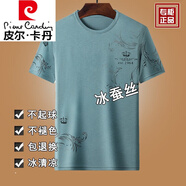 皮爾卡丹高檔男裝桑蠶絲短袖t恤男士夏季新款寬松休閑半袖冰|絲光棉體恤 淺藍 XL 175建議135-150斤