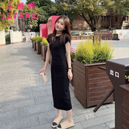 樂雅秀修身款收腰顯瘦褶皺設(shè)計感長款連衣裙女過膝短袖圓領(lǐng)韓版休閑長裙 黑色長款 L 建議100-115斤內(nèi)