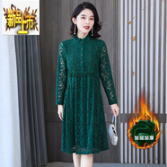 初徑2025春裝新款連衣裙媽媽高端蕾絲裙遮肚顯瘦a字裙寬松打底裙加厚 綠色 加絨 XL 95-110斤